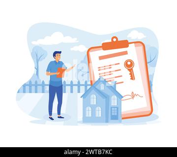 Processo ipotecario. Uomo d'affari che firma il contratto e i documenti legali. illustrazione moderna vettoriale piatta Illustrazione Vettoriale