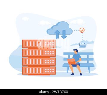 Concetto di storage su cloud. Storage in hosting digitale, sicurezza dei database, servizio di infrastruttura dati, cloud. illustrazione moderna vettoriale piatta Illustrazione Vettoriale
