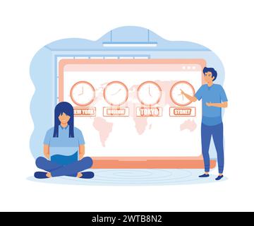 Fusi orari. Data e ora internazionali. Orologi che mostrano l'ora locale online sul sito Web. illustrazione moderna vettoriale piatta Illustrazione Vettoriale