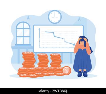 Crisi finanziaria. Calo del prezzo del petrolio. Grafico delle scorte con freccia giù. Crollo del mercato azionario. Depressione in mezzo alla perdita di denaro. illustrazione moderna a vettore piatto Illustrazione Vettoriale