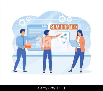 Due uomini e donne inviano documenti per affari. Trasferimento dei dati, trasferimento della documentazione, servizio cloud, gestione dei file, gestione elettronica dei documenti. f Illustrazione Vettoriale