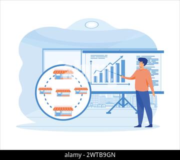 L'uomo d'affari vuole espandere la sua attività, il concetto di franchising. concetto di business. illustrazione moderna vettoriale piatta Illustrazione Vettoriale