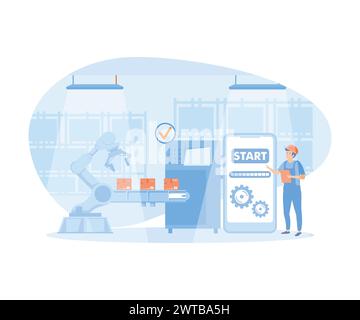 Tecnico che lavora con l'interfaccia interattiva. Industria intelligente, produzione innovativa. illustrazione moderna vettoriale piatta Illustrazione Vettoriale