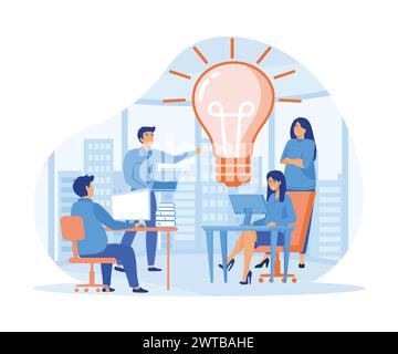 Concetto di brainstorming. Assistente online al lavoro. manager del lavoro remoto, alla ricerca di nuove idee e soluzioni, lavorando insieme all'interno dell'azienda. piatto Illustrazione Vettoriale