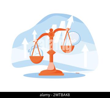 Idea di business. Equilibrio tra tempo e costo di un'idea. Il pagamento della creatività. Bilance meccaniche con orologio e lampadina nelle casse. piatto Illustrazione Vettoriale