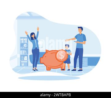 Padre e madre insegnano ai bambini a risparmiare denaro. Risparmio di denaro a casa, budget, gestione finanziaria. illustrazione moderna vettoriale piatta Illustrazione Vettoriale
