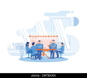 Concetto di riunione aziendale. Gruppo di uomini d'affari che tengono una riunione attorno a un tavolo da conferenza. illustrazione moderna vettoriale piatta Illustrazione Vettoriale