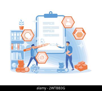 Concetto di contratto. Uomo d'affari che firma un contratto. illustrazione moderna vettoriale piatta Illustrazione Vettoriale