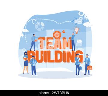 Team building concetto di business delle persone con parole grandi e persone circondate da icone correlate che si diffondono con stile. illustrazione moderna vettoriale piatta Illustrazione Vettoriale