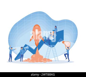 Business Analytics nel cloud Arrow azienda leader. Le persone sfidano il lavoro di squadra. Crescita con un servizio di investimento razzo. flat vector modern illustra Illustrazione Vettoriale