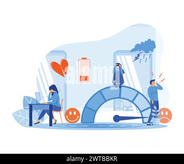 Concetto di livello di sollecitazione. Energica donna d'affari che lavora a tavola con il computer. Ragazza attiva completamente carica. Dipendente mentalmente sano. modello vettoriale piatto Illustrazione Vettoriale