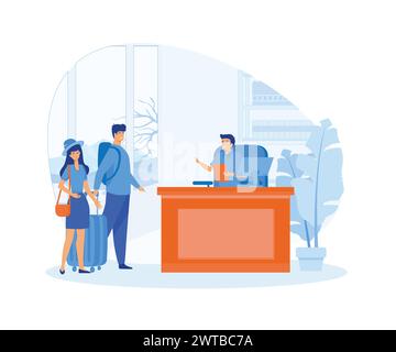 Concetto di lavoro dell'addetto alla reception. Responsabile consulenza clienti alla reception. I turisti che effettuano il check-in all'hotel, in piedi alla reception nella hall. moderno illu vettoriale piatto Illustrazione Vettoriale