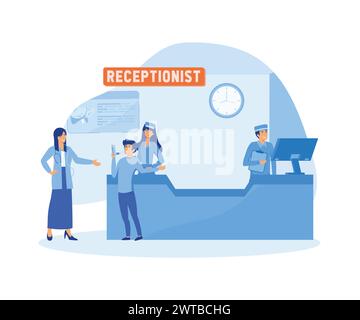 Accoglienza in ospedale con i pazienti. Sala d'attesa con portatori di handicap. illustrazione moderna a vettore piatto Illustrazione Vettoriale
