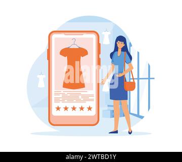 Shopping online mobile, donna acquista abiti nei negozi online, shopping sui social network tramite telefono, shopping online e servizio di consegna. vecto piatto Illustrazione Vettoriale