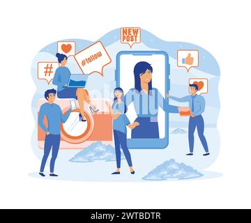 Concetto di blogging. Blogger che crea contenuti fotografici e video, scrive nuovi post per i social media. Marketing degli influencer. moderno illustratore vettoriale piatto Illustrazione Vettoriale