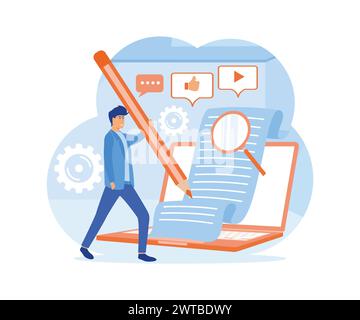 Autore di contenuti. Concetto di creazione di articoli di blog con personaggi, attività di lavoro freelance e marketing. illustrazione moderna vettoriale piatta Illustrazione Vettoriale