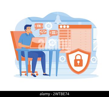 Sviluppo Web. linguaggi di programmazione. css, html, it, ui. sviluppo di siti web, codifica. illustrazione moderna vettoriale piatta Illustrazione Vettoriale