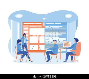 Sviluppo di tecnologie di programmazione e codifica. Progettazione di siti Web. Programmatore che lavora in un ufficio aziendale di sviluppo software in un lavoro di squadra. vettore piatto mo Illustrazione Vettoriale