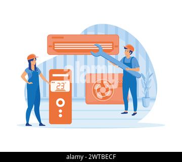 Servizio professionale per la riparazione di condizionatori d'aria. Manutenzione, installazione di sistemi di raffreddamento. Riparazione e pulizia in garanzia, sostituzione del filtro Illustrazione Vettoriale