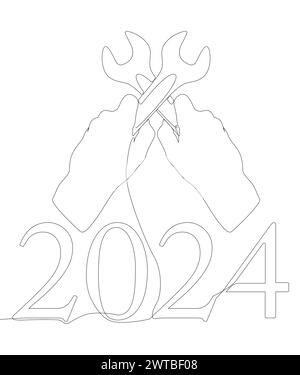 Una linea continua di chiave con numero 2024. Concetto del vettore dell'illustrazione a linee sottili. Idee creative per il disegno dei contorni. Illustrazione Vettoriale