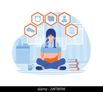 Ufficio domestico durante il concetto di epidemia di coronavirus, donna lavora da casa con un computer portatile. Resta a casa. illustrazione moderna vettoriale piatta Illustrazione Vettoriale