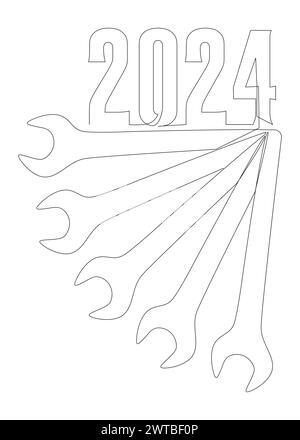 Una linea continua di chiave con numero 2024. Concetto del vettore dell'illustrazione a linee sottili. Idee creative per il disegno dei contorni. Illustrazione Vettoriale