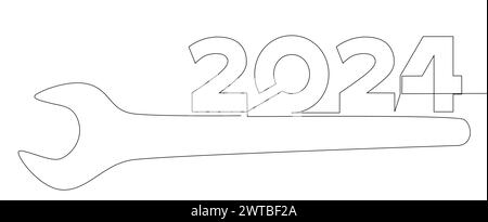 Una linea continua di chiave con numero 2024. Concetto del vettore dell'illustrazione a linee sottili. Idee creative per il disegno dei contorni. Illustrazione Vettoriale