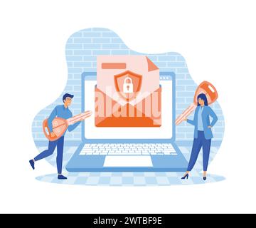 Protezione dei dati del computer, concetto di crittografia e-mail. illustrazione moderna vettoriale piatta Illustrazione Vettoriale