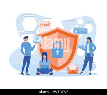 Concetto di protezione dei dati. Sicurezza e protezione dei dati riservati. Sicurezza Internet. Social media. Può essere utilizzato per banner Web, infografiche, pagine Web. piatto Illustrazione Vettoriale