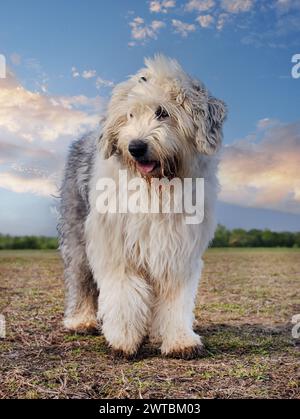 Vecchio cane da pastore inglese di fronte alla natura Foto Stock