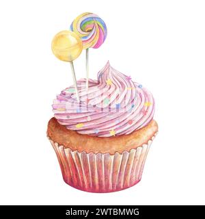 Cupcake muffin panna acquerello per disegnare dolci. Candy lolly Pops roll stick cake. Succhieroni dolcetti. Illustrazione del delizioso dessert della pasticceria. Compleanno Foto Stock