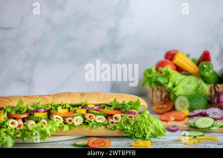 Un lungo panino con un ricco condimento di verdure, salsiccia e formaggio, pomodori, peperoni, lattuga e cipolla sullo sfondo, sala copie Foto Stock