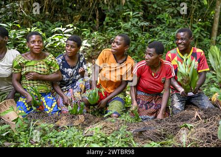 I pigmei del popolo Baka o BaAka giurano di cacciare, di cacciare magia, di cacciare reti, della riserva forestale densa speciale Dzanga-Sangha, di Sangha-Mbaere Foto Stock