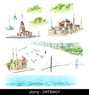 Stretto del Bosforo, elementi di architettura, Istanbul, Turchia. Illustrazione ad acquerello disegnata a mano, isolata su sfondo bianco Foto Stock