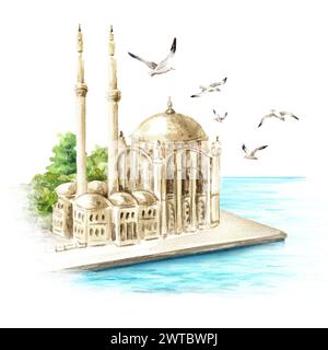 La Moschea di Ortakoy e il Bosforo, Istanbul, Turchia. Illustrazione ad acquerello disegnata a mano isolata su sfondo bianco Foto Stock