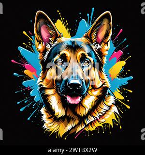 Un'affascinante opera d'arte con un animale di colore neon su uno sfondo scuro, accentuata da spruzzi di colori vivaci che donano maestosità Foto Stock