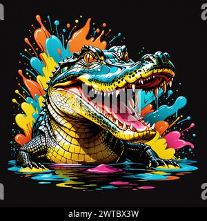 Un'affascinante opera d'arte con un animale di colore neon su uno sfondo scuro, accentuata da spruzzi di colori vivaci che donano maestosità Foto Stock