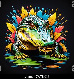 Un'affascinante opera d'arte con un animale di colore neon su uno sfondo scuro, accentuata da spruzzi di colori vivaci che donano maestosità Foto Stock