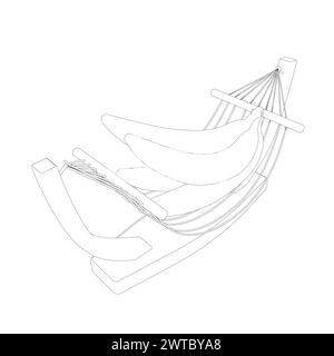 Banane isolate vettoriali raggruppamento di linee di contorno in bianco e nero incolore facile da disegnare. Le banane sono su un banco. Vista isometrica. Illustrazione Vettoriale