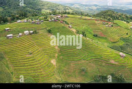 Vedute aeree di una piccola casa e del campo di risaie a terrazze presso le terrazze di riso del villaggio di pabongpaing Mae-Jam Chiang mai, Thailandia. Il punto di vista del viaggio. Riso Foto Stock