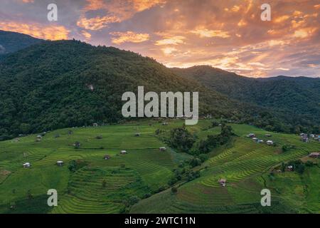 Vedute aeree di una piccola casa e del campo di risaie a terrazze presso le terrazze di riso del villaggio di pabongpaing Mae-Jam Chiang mai, Thailandia. Il punto di vista del viaggio. Riso Foto Stock