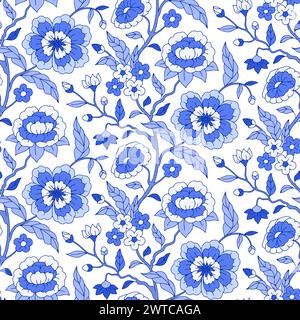 Motivo senza cuciture con motivi chinoiserie blu monocromatici disegnati a mano Illustrazione Vettoriale