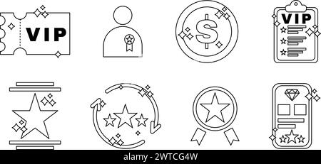 Icona dei vantaggi esclusivi. Biglietto VIP, Star e telefono cellulare, qualità premium, set di icone gettoni. Illustrazione Vettoriale