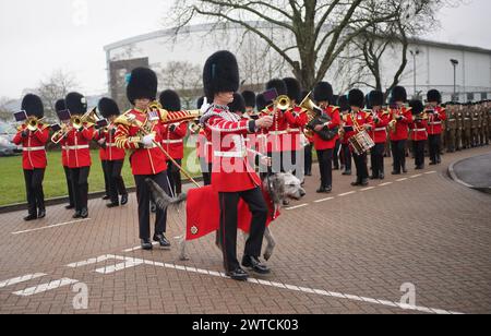 Le guardie irlandesi marciano sulla Parade Square a Mons Barracks, Aldershot guidato dalla loro mascotte, il 3enne irlandese Wolfhound, Seamus e la Regimental Band of the Irish Guards per una parata del giorno di San Patrizio. Data foto: Domenica 17 marzo 2024. Foto Stock