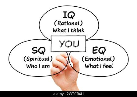 Disegnare a mano il concetto del diagramma sul quoziente di intelligenza IQ, sul quoziente spirituale o sociale SQ e sull'intelligenza emotiva EQ isolato sul backgroun bianco Foto Stock