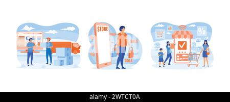 Shopping online e consegna degli acquisti. Grande offerta stagionale e sconti presso negozi, negozi e centri commerciali. Famiglia felice che fa acquisti online con un mobi Illustrazione Vettoriale