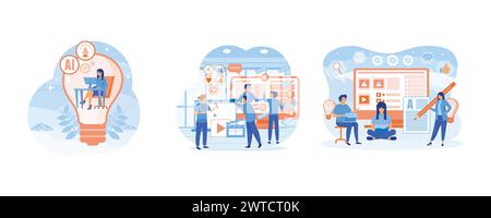 Creazione di contenuti, concetto di persona creativa. Team di creazione di contenuti video. Freelance, blogger, creatore di contenuti, autore di testi con personaggi che usano il dispositivo. Illustrazione Vettoriale