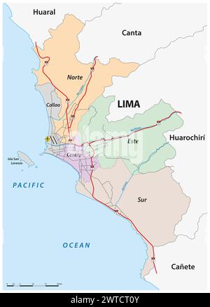 Mappa amministrativa e stradale della capitale peruviana Lima Foto Stock