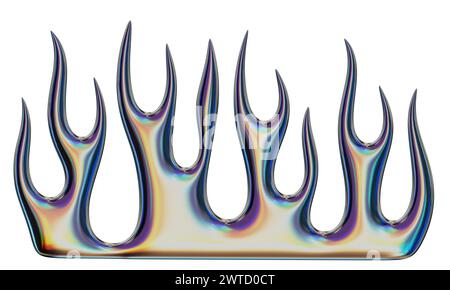 Fiamma 3D. Elemento Y2K alla moda. Colorata e iridescente forma fuoco fiammeggiante con effetto gradiente lucido. Rendering 3D. Illustrazione isolata. Foto Stock