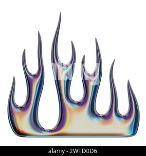 Fiamma 3D. Elemento Y2K alla moda. Colorata e iridescente forma fuoco fiammeggiante con effetto gradiente lucido. Rendering 3D. Illustrazione isolata. Foto Stock